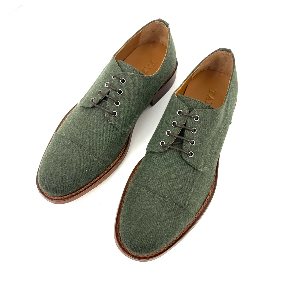 TAFT The Kennedy Shoe Green Wool Leather Oxford Cap Toe Lace Up Dress Shoes